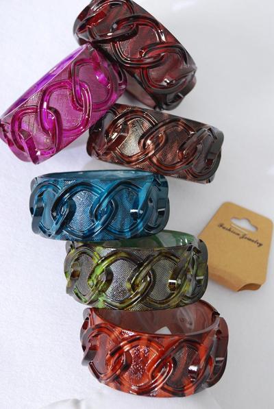 Bracelet Bangle Acrylic Hinge Marble Look Chain Pattern Multi / 12 pcs = Dozen Hinge , Size - 2.75" x 1.5" Dia Wide , 2 Fuchsia , 2 Blue , 2 Burgundy , 2 Huntergreen , 2 Brown , 2 Orange Color Asst , Hang Tag & OPP Bag & UPC Code