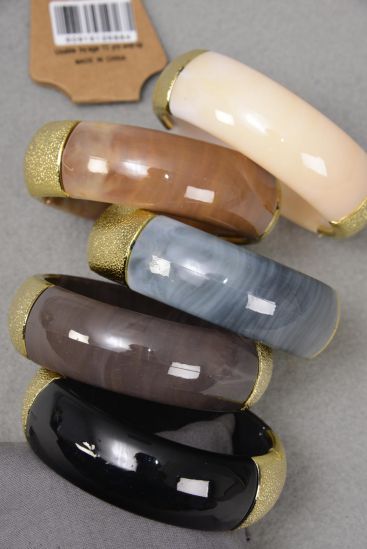 Bracelet Bangle Acrylic Marble Look Gold Trim Browntone Color Mix / 12 pcs = Dozen   Size - 2.75" x 1" Dia Wide , 4 Ivory , 2 Black , 2 Dark Brown , 2 Camel , 2 Gray Color Asst , Hang Tag & Opp bag & UPC Code