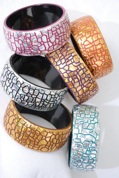 Bracelet Bangle Acrylic Holographic Cobble Stone Multi / 12 pcs = Dozen / 12 pcs = Dozen  Size-2.75" x 1.25" Dia Wide , 2 of each Pattern Asst , Hang Tag & Opp Bag & UPC Code