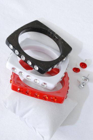 Bracelet Bangle Earrings Sets Red White Black Mix / 12 pcs Sets = Dozen Size - 0.5" x 2.75" Dia Wide , 4 Black , 4 White , 4 Red Color Asst , Hang tag & OPP Bag