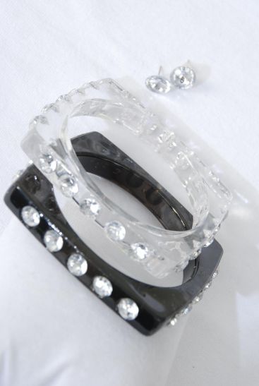 Bracelet Bangle & Earrings Sets Black Clear Mix / 12 pcs Sets = Dozen Size - 0.5" x 2.75" Dia Wide , 6 Black , 6 Clear Mix , Hang tag & OPP bag 