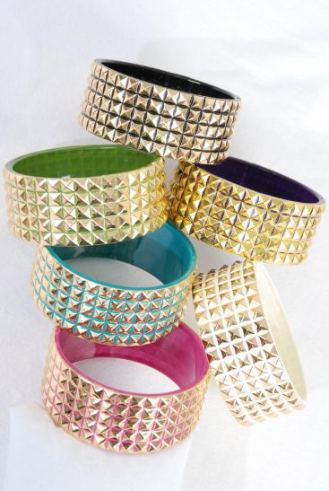 Bracelet Bangle Acrylic 2 tone Metallic Gold Spike Multi / 12 pcs = Dozen  Multi , Size - 2.75" x 1.25" Wide , 2 of each Color Asst , Hang Tag & OPP Bag & UPC Code