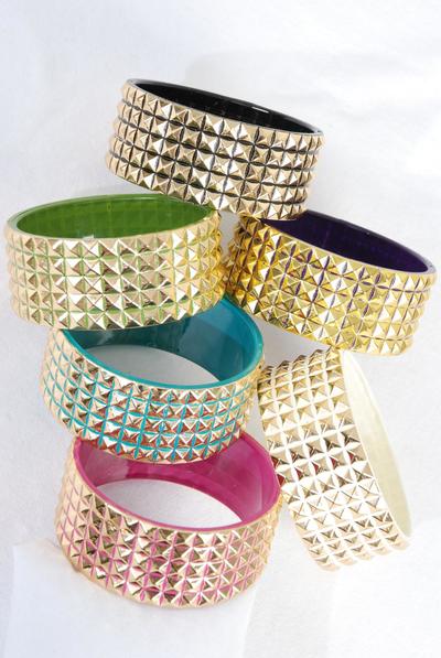 Bracelet Bangle Acrylic 2 tone Metallic Gold Spike Multi / 12 pcs = Dozen  Multi , Size - 2.75" x 1.25" Wide , 2 of each Color Asst , Hang Tag & OPP Bag & UPC Code