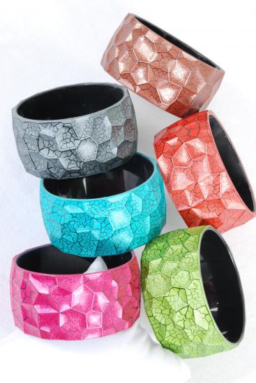 Bracelet Bangle Acrylic Wide Crackled Multi / 12 pcs = Dozen Multi , Size - 2.75" x 1.5" Wide , 2 of each Color Asst , Hang tag & OPP bag & UPC Code 