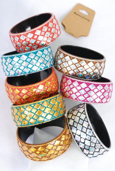 Bracelet Bangle Acrylic Holographic Gold Silver Mix Multi / 12 pcs = Dozen Multi , Size - 2.75" x 1.25" Wide, 2 of each Pattern Asst, Hang Tag & OPP Bag & UPC Code
