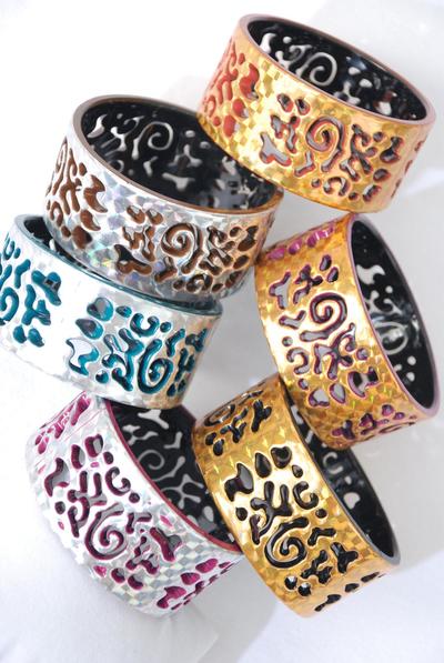 Bracelet Bangle Acrylic Holographic Multi Gold Silver Mix Spiral Symbol / 12 pcs = Dozen Multi , Size - 2.75" x 1.25" Dia Wide , 2 of each Pattern Asst , Hang Tag & OPP Bag & UPC Code