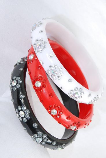Bracelet Bangle Acrylic Flower Stones All Around Red White Black Mix / 12 pcs = Dozen Size - 2.75" x 0.75" Dia Wide , Plus Size , 4 Black , 4 Red , 4 White Color Mix , Hang Tag & OPP Bag & UPC Code 