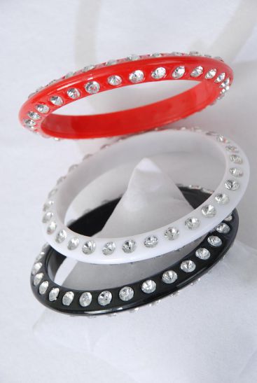 Bracelet Bangle Acrylic Stones 2 Sides All Around Red White Black Mix / 12 pcs = Dozen  Size-3" Dia Wide , 4 Red , 4  White , 4 Black Mix , Hang Tag & Opp bag & UPC Code