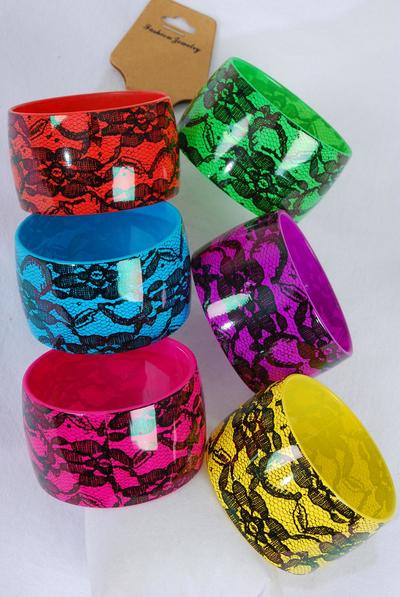 Bracelet Bangle Acrylic Wide Flower Multi / 12 pcs = Dozen Size - 2.75" x 1.75" Dia Wide , 2 of each Color Asst , Hang tag & OPP Bag & UPC Code