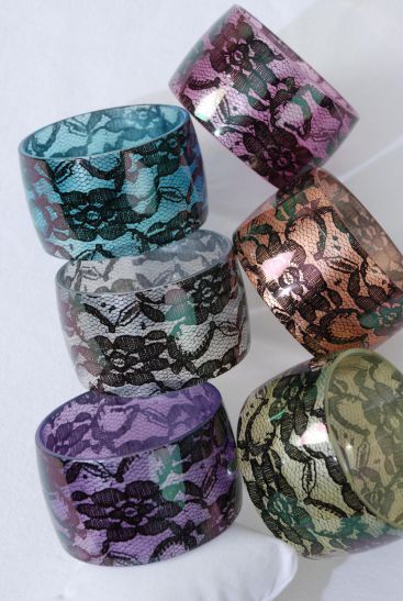 Bracelet Bangle Wide Acrylic Silky Pearl Lace Flower Print Pastel / 12 pcs = Dozen Pastel , Size - 2.75" x 1.75" Dia Wide , 2 of each Color Asst , Hang tag & Opp Bag & UPC Code 