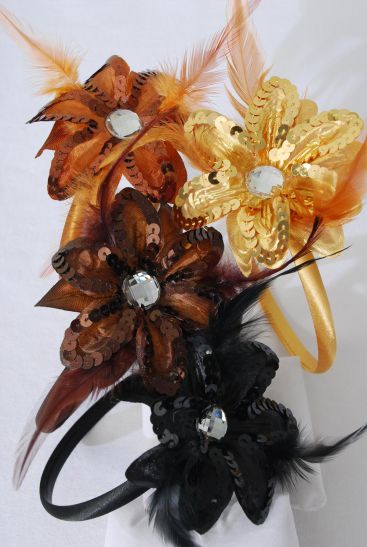 Headband Horseshoe Sequin Daisy Flower  Feathers Brown Tone Mix / 12 pcs = Dozen  Flower Size - 4.5" Wide , 3  Black , 3 Gold , 3 Light Brown , 3 Dark Brown Color Mix , Hang Tag & UPC Code , W Clear Box