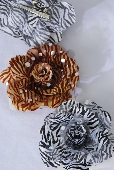 Flower Zebra Print Alligator Clip Brooch mix / 12 pcs Flower = Dozen Silk Flower Size - 4" Wide , Alligator Clip & Brooch , 4 Brown , 8 Black White Mix , Display Card & UPC Code , W Clear Box