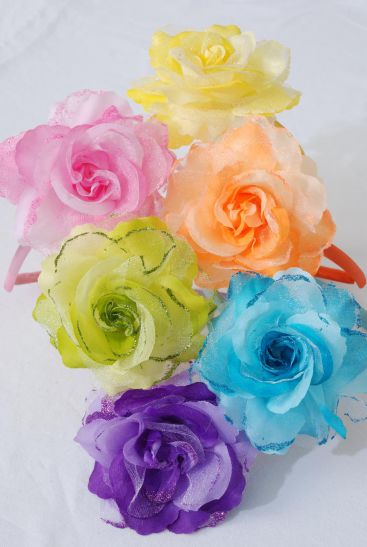 Headband Horseshoe Gradient Rose Glitters Pastel / 12 pcs = Dozen Rose Size - 4.5" , 2 Pink , 2 Blue , 2 Yellow , 2 Purple , 2 Orange , 2 Lime Color Asst , Hang Tag & UPC Code , W Clear Box