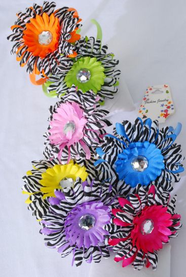 Headband Horseshoe Daisy Flower Zebra Print Multi / 12 pcs =Dozen Flower - 5" Wide , 2 Blue , 2 Yellow , 2 Red , 2 Pink , 2 Purple , 1 Orange , 1 Green Color Asst , Hang Tag & UPC Code , W Clear Box