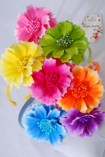 Headband Horseshoe Flower Gradient Multi / 12 pcs = Dozen Flower Size - 3.5" Wide , 2 Yellow , 2 Purple , 2 Pink , 2 Orange , 2 Blue , 1 Lime , 1 Fuchsia Color Asst , Hang Tag & UPC Code , Clear Box
