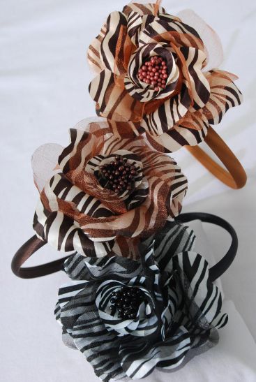 Headband Horseshoe Double Layered Chiffon Satin Fabric Mix Zebra Flower / 12 pcs =Dozen Flower Size - 5.5" Wide , 6 Black , 3 Dark Brown , 3 Light Brown Color Asst , Hang tag & UPC Code ,W Clear Box