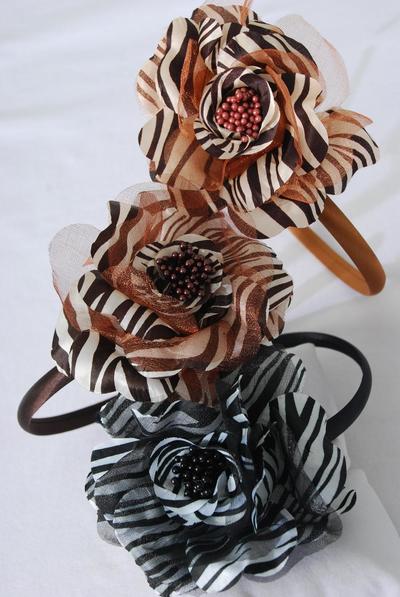 Headband Horseshoe Double Layered Chiffon Satin Fabric Mix Zebra Flower / 12 pcs =Dozen Flower Size - 5.5" Wide , 6 Black , 3 Dark Brown , 3 Light Brown Color Asst , Hang tag & UPC Code ,W Clear Box