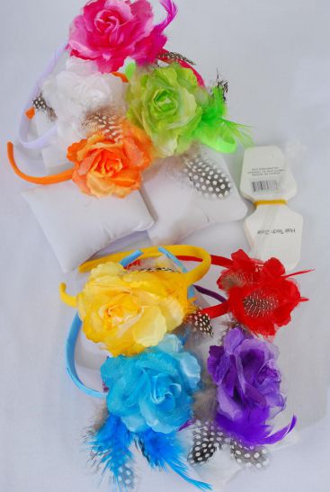 Headband Horseshoe Rose Feathers Multi / 12 pcs = Dozen Flower Size - 4.5" Wide , 2 White , 2 Orange , 2 Purple , 2 Fuchsia , 1 Red , 1 Yellow , 1 Blue , 1 Lime Color Asst , Hang tag & UPC Code ,Clear Box