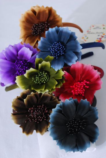 Headband Horseshoe Cosmos Flower Gradient  Dark Multi / 12 pcs = Dozen  Flower Size - 3.5" Wide , 2 Black , 2 Burgundy , 2 Dk Brown , 2 Navy , 2 Purple , 1 Olive , 1 Light Brown Color Asst , Hang Tag & UPC Code
