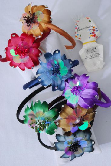 Headband Horseshoe Gradient Iridescent Flower Multi / 12 pcs = Dozen Flower Size - 3.5" , 2 Navy , 2 Black , 2 Burgundy , 2 Brown , 2 Purple , 1 Camel , 1 Green Color Asst , Hang Tag & UPC Code , W Clear Box