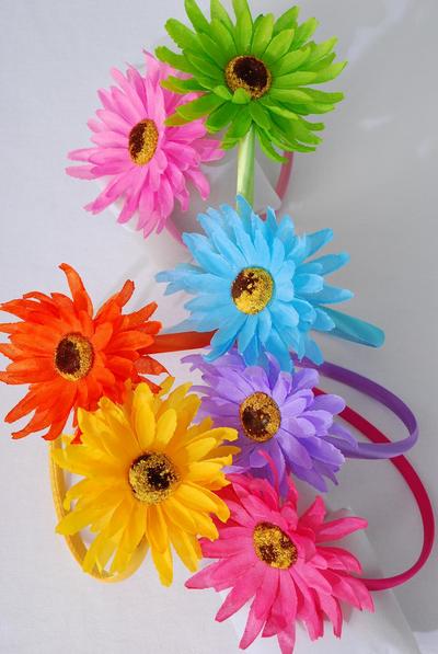 Headband Horseshoe Daisy Flower Citrus / 12 pcs = Dozen Flower Size - 5" Wide , 2 Orange , 2 Lime , 2 Hot Pink , 2 Blue , 2 Yellow , 1 Purple , 1 Fuchsia Color Asst , Hang Tag and UPC Code , Clear Box