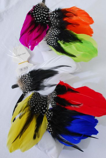 Headband Horseshoe Faux Feather Multi / 12 pcs = Dozen Multi , 2 Yellow , 2 Orange , 2 White , 2 Royal , 2 Fuchsia , 1 Red , 1 Lime Color Asst , Hang tag & UPC Code , Clear Box