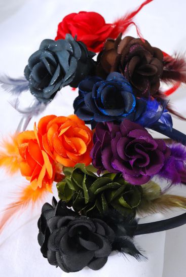 Headband Horseshoe Flower Glitter Trim w Feathers Dark Multi / 12 pcs = Dozen Single Rose Size - 3" Wide , 2 Red , 2 Black , 2 Orange , 2 Brown , 1 Gray , 1 Olive , 1 Navy , 1 Purple Mix , Hang tag & UPC Code , W Clear Box -