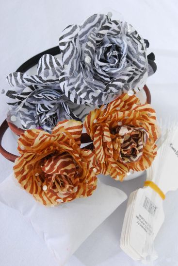 Headband Horseshoe Zebra Flower / 12 pcs =Dozen Flower Size - 4" Wide , 8 Black , 4 Brown Mix , Hang Tag & UPC Code , W Clear Box