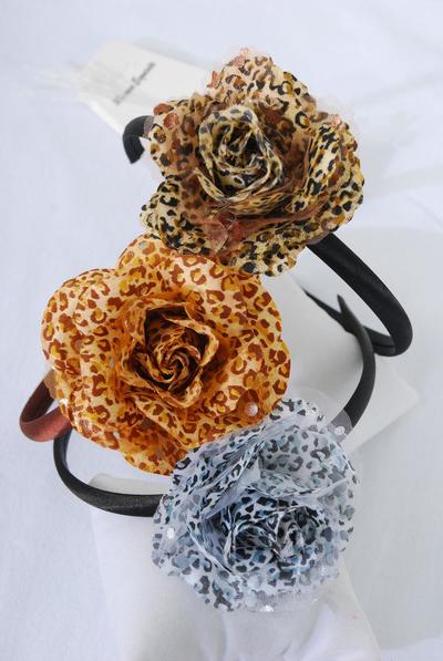 Headband Horseshoe Satin Leopard Flower Mix / 12 pcs = Dozen Flower Size - 4" Wide , 4 of each Pattern Asst , Hang Tag & UPC Code , Clear Box