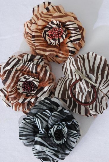 Flower Silk Flower Large Rose Zebra Print / 12 pcs Flower = Dozen Size - 5.5" Wide , Alligator Clip & Elastic Pony & Brooch , 6 Black , 3 Dark Brown , 3 Light Brown Mix , Display Card & UPC Code , Clear Box