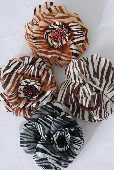 Flower Silk Flower Large Rose Zebra Print / 12 pcs Flower = Dozen Size - 5.5" Wide , Alligator Clip & Elastic Pony & Brooch , 6 Black , 3 Dark Brown , 3 Light Brown Mix , Display Card & UPC Code , Clear Box