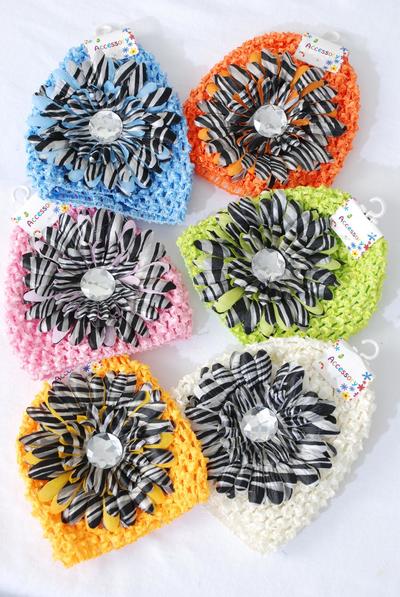 Kufi Hat Knitted Beanie Stretch Large Zebra Daisy flower Multi / 12 pcs  = Dozen  Stretch , Flower Size - 4.5" Wide , 2 Pink , 2 Beige , 2 Yellow , 2 Blue , 2 Apple Green , 2 Orange Mix , Hang tag & UPC Code , Clear Box