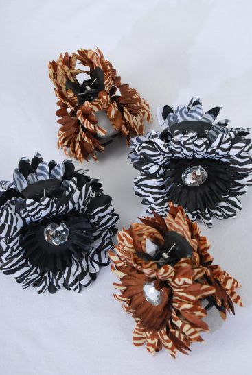 Flower Jaw Clip Zebra Daisy Folwer / 12 pcs Jaw Clip Flower = Dozen Flower 5" Wide , 8 Black , 4 Brown Color Mix , Hang Tag and UPC Code , W Clear box
