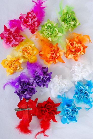 Flowers 24 pcs Roses & Feather Mix Multi / 24 pcs Flower = Dozen Size - 2.75" Wide , Alligator Clip , 2 Fuchsia , 2 Orange , 2 White , 1 Red , 1 Blue , 1 Purple , 1 Yellow , 1 Orange , 1 Lime Color Mix