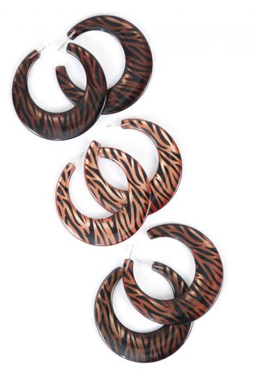 Earrings Poly Loop Zebra Paint Brown Tone Mix/DZ **Post** Size-2.5" Wide,4 of each Color Asst,Earring card & OP bag & UPC Code -