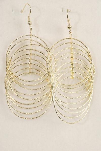 Earrings Gold Dangle Mesh Circles / 12 pair = Dozen Fish Hook , Size-2.5"x 1.5" Wide , Earring Card & OPP Bag & UPC Code