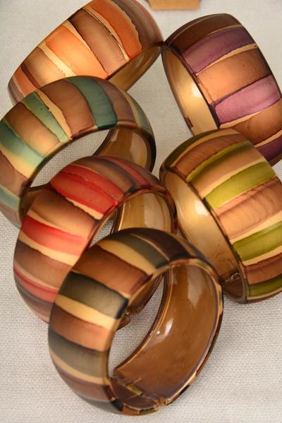 Bracelet Bangle Acrylic Hinge Fall Stripes Multi / 12 pcs = Dozen Hinge , Size - 2.75" x 1.25" Dia Wide , 2 of each Pattern Asst , Hang Tag & Opp Bag & UPC Code 