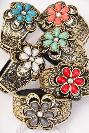 Bracelet Bangle Acrylic Hinge Flower Fall Antique Gold / 12 pcs = Dozen Fall , Hinge , Size - 2.75" x 1.75" Dia Wide , 2 of each Color Asst , Hang Tag & OPP bag & UPC Code