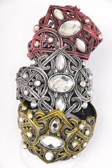 Bracelet Bangle Acrylic Hinge Antique Clear Stones / 12 pcs = Dozen   Size - 2" x 2.75" Dia Wide , 4 of each Color Asst , Hang Tag & Opp Bag & UPC Code 