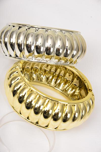Bracelet Bangle Hinge Acrylic Ridged Gold Silver Mix / 12 pcs = Dozen Size - 2.75" x 1.25" Dia Wide , 6 Gold , 6 Silver Color Mix , Hang Tag & OPP Bag & UPC Code 