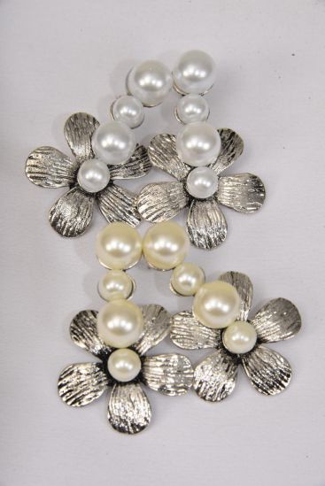 Earrings Silver Metal Antique Pearl Flower Post / 12 pair = Dozen Post , Size - 1.5" x 1" Wide , 6 White Pearl , 6 Cream Pearl Asst , Display Card & OPP Bag & UPC Code