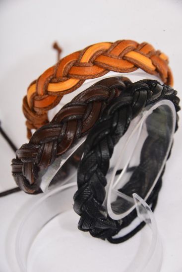 Bracelet Real Leather Band Woven Fish Tail / 12 pcs = Dozen  Unisex , Adjustable , 4 of each Pattern Mix , Hang tag & OPP Bag & UPC Code