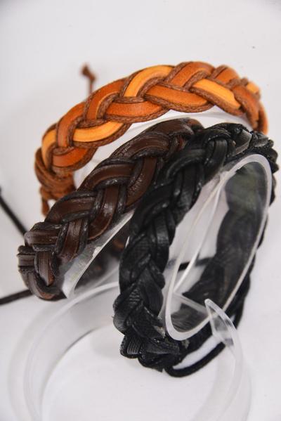 Bracelet Real Leather Band Woven Fish Tail / 12 pcs = Dozen  Unisex , Adjustable , 4 of each Pattern Mix , Hang tag & OPP Bag & UPC Code