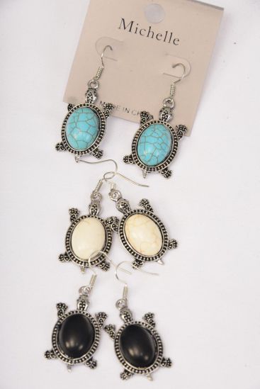 Earrings Metal Antique Turtle Semiprecious Stone / 12 pcs = Dozen Fish Hook , Size - 1.5" x 1" Wide , 4 Black , 4 Ivory , 4 Turquoise Asst , Earring Card & OPP Bag & UPC Code