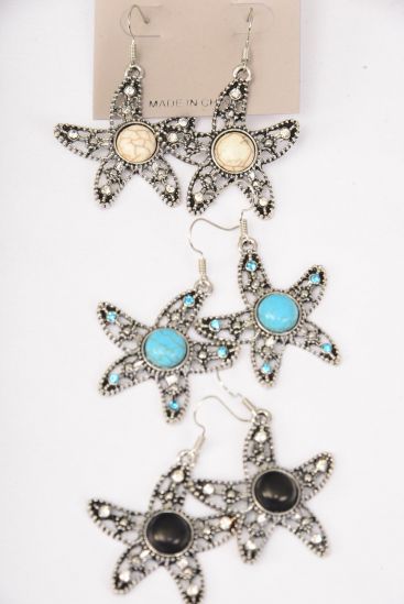 Earrings Metal Antique Star Fish Semiprecious Stone / 12 pair = Dozen  Match 70303 Fish Hook , Size - 1.5" Wide , 4 Black , 4 Ivory , 4 Turquoise Asst , Earring Card & OPP Bag & UPC Code 