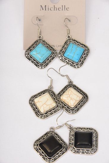 Earrings Metal Antique Square Semiprecious Stone / 12 pair = Dozen  Fish Hook , Size - 1.25 x 1" Wide , 4 Black , 4 Ivory , 4 Turquoise Color Asst , Earring Card & OPP Bag & UPC Code 