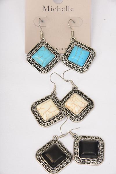 Earrings Metal Antique Square Semiprecious Stone / 12 pair = Dozen  Fish Hook , Size - 1.25 x 1" Wide , 4 Black , 4 Ivory , 4 Turquoise Color Asst , Earring Card & OPP Bag & UPC Code 