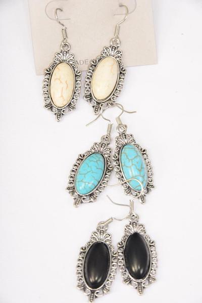 Earrings Metal Antique Oval Semiprecious Stone / 12 pair = Dozen Fish Hook , Size - 1.25" x 0.75" Wide , 4 Black , 4 Ivory , 4 Turquoise Asst , Earring Card & OPP Bag & UPC Code