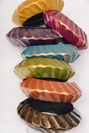 Bracelet Bangle Brush Stroke Acrylic Hinge Ridged Fall Color Asst / 12 pcs = Dozen  Hinge , Size - 2.75" x 1.25" Dia Wide , 2 Blue , 2 Purple , 2 Fuchsia , 2 Gold , 2 Bk , 1 Green , 1 Orange Color Mix , Hang Tag & Opp bag & UPC Code
