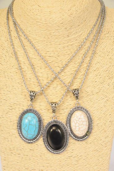 Necklace Silver Chain Oval Pendant Semiprecious Stone / 12 pcs = Dozen Pendant - 1.75" x 1.25" Wide , Chain-18" Extension Chain , 3 Ivory , 3 Black , 6 Turquoise Color Asst , Hang Tag & OPP Bag & UPC Code